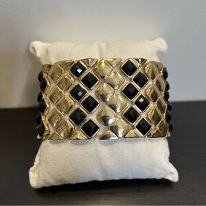 Aldo Checkered Diamond Patterned Thick Stretch Bracelet Black and Gold Tone